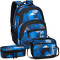 Roots Athletic 3-in-1 Matching Water Resistant Teen Backpack and Lunch Bag Set with Bonus Pencil Case - Made from 100% Recycled Fabrics - 34 litres, Blue Black Navy Camo, XL