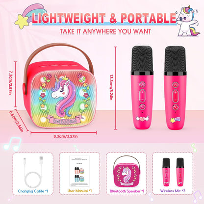 Mini Karaoke Machine for Kids, Exssary 3 4 5 6 7 8-12 Year Old Girl Gifts Portable Bluetooth Speaker with 2 Wireless Microphone Unicorn Toys Birthday Gifts for Girls Kids Teens (Pink)