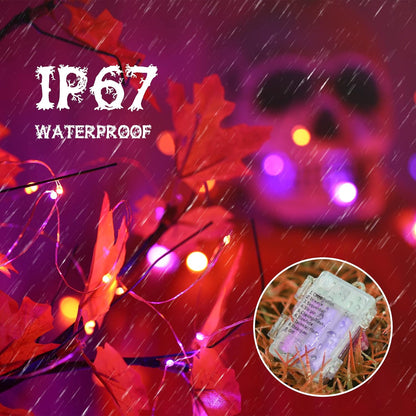 Lyhope Orange Purple Halloween Lights, 2 Pack 33ft 100 Led Battery Halloween Lights, Waterproof 8 Modes with Remote Copper Wire String Lights for Halloween Holiday Party Carnival Graveyard Decorations