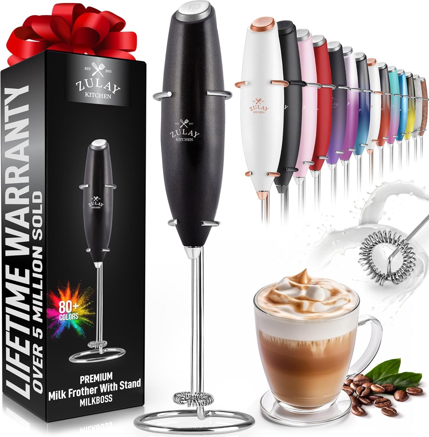 Zulay Kitchen Powerful Double Whisk Milk Frother Handheld - Foam Maker with Stand - Whisk Drink Mixer for Coffee, Mini Foamer for Latte, Matcha, Frappe, Hot Chocolate & Cappuccino (Black)
