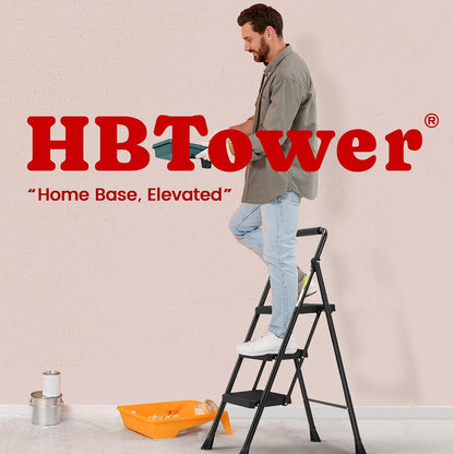 HBTower 3 Step Ladder, Folding Step Stool with Wide Anti-Slip Pedal, 500lbs Sturdy Steel Ladder, Convenient Handgrip, Lightweight, Portable Steel Step Stool, Black