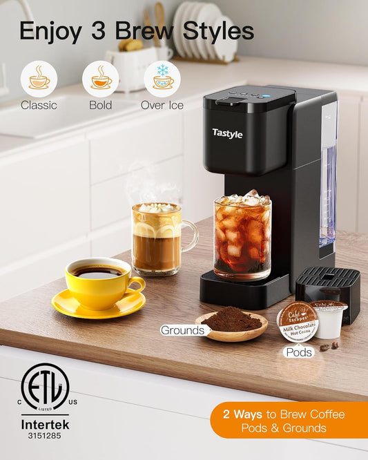 Tastyle Single Serve Hot & Iced Coffee Maker with Strong Brew, 40oz Removable Reservoir, 6 Brew Sizes, Compatible with K Cup and Grounds, Compact for Home, Office, RV and Dorm, BK, Black (2.0 Version)