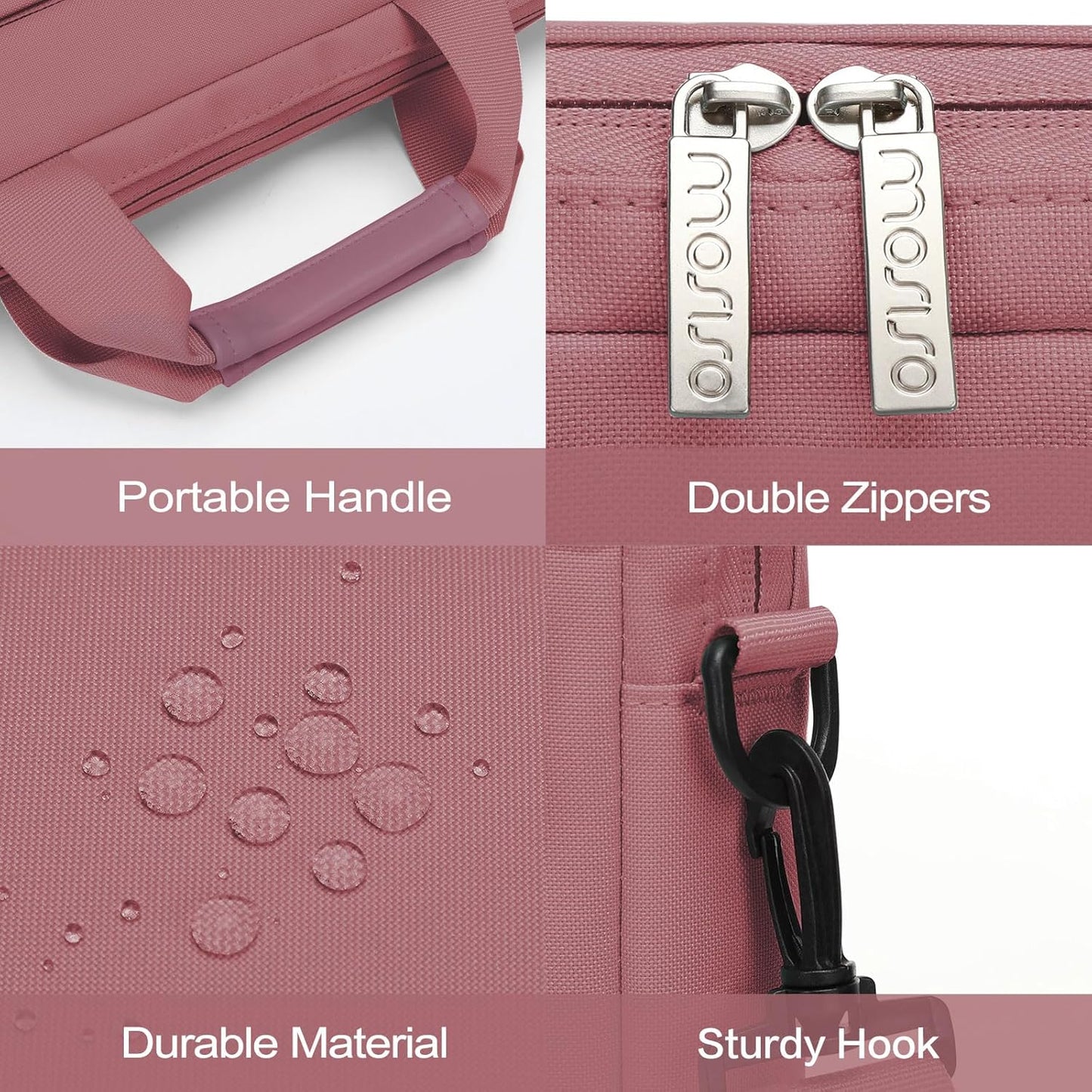 MOSISO Laptop Bag 16 inch, 15-15.6 inch Computer Shoulder Bag Compatible with MacBook Air 15 M4 M3 M2/Pro 16 M4 M3 M2 M1, Notebook &2 Raised&1 Flapover&1 Horizontal Pocket&Handle&Belt, Pink - PuriLite