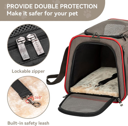 Petsfit Expandable Cat Dog Carrier Airline Approved, 17" L x 11" W x 11" H Soft-Sided Portable Pet Travel Carrier for Kitten, Puppy, Removable Soft Plush Mat and Pockets, Auto-Locking Zippers