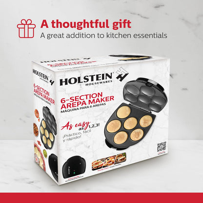 Holstein Housewares Arepa Maker - Non-Stick 6-Section Multi-Food Maker - Make Delicious Arepas, Pancakes, Corncakes, Tosti Arepa - Easy-to-Use - 6-PC - Black