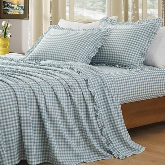 KKJIAF 3 Pieces Plaid Ruffle Twin Bed Sheets, Gingham Twin Sheet Set Comfy Breathable Ruffed Bed Sheet Set with 16 Inch Deep Pocket, Dusty Blue