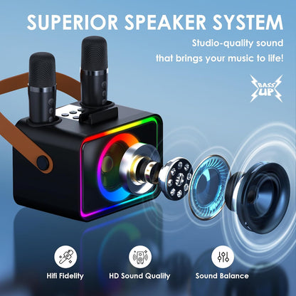 Portable Bluetooth Karaoke Player with 2 Wireless Microphones Karaoke Machine for Adults & Kids Toys with LED, Home Karaoke Stystem Packages Supports USB/TF/AUX,Gift for Party (Black)