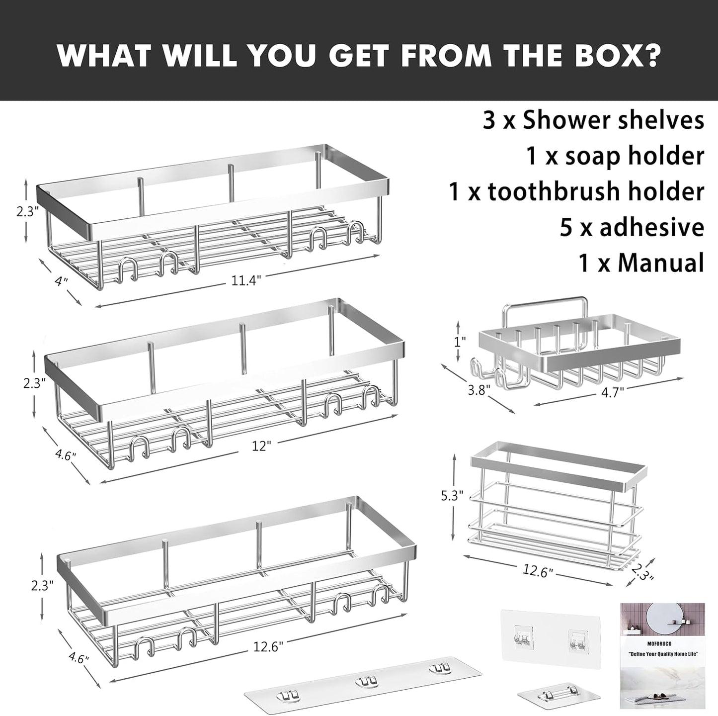 Moforoco Shower Caddy Shelf Organizer Rack, Self Adhesive Black Bathroom Shelves Basket, Home Farmhouse Wall Shower Inside Organization and Storage Decor Rv Accessories, First Apartment Essentials