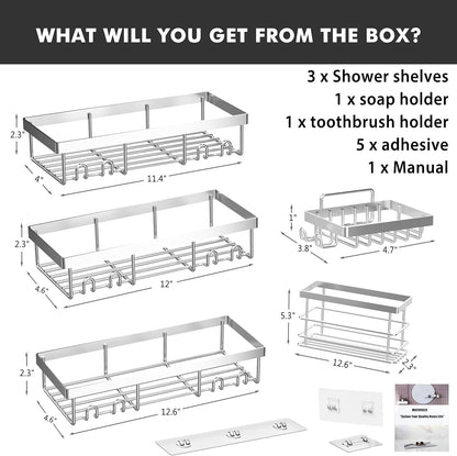 Moforoco Shower Caddy Shelf Organizer Rack, Self Adhesive Black Bathroom Shelves Basket, Home Farmhouse Wall Shower Inside Organization and Storage Decor Rv Accessories, First Apartment Essentials