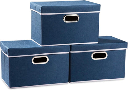 PRANDOM Large Foldable Storage Bin with Lid [1-Pack] Linen Fabric Decorative Storage Box Organizer Containers Basket Cube with Handles Divider for Bedroom Closet Office Living Room (17.7x11.8x11.8")