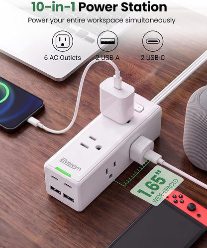 6 FT Flat Plug Extension Cord Power Bar with 6 Outlets and 4 USB