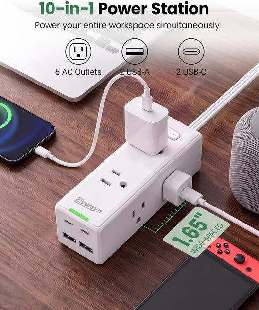 6 FT Flat Plug Extension Cord Power Bar with 6 Outlets and 4 USB