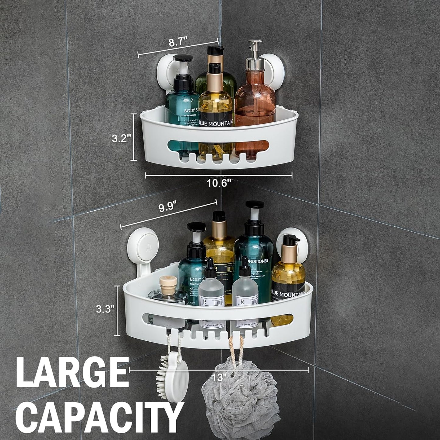 LEVERLOC Shower Caddy Suction Cup, 2 Pack Black Shower Shelf with Hooks and Soap Holder, NO-Drilling Bathroom Organizer, Rustproof Metal Bathroom Storage and Organization