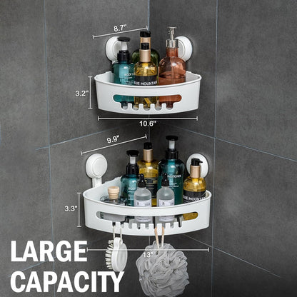 LEVERLOC Shower Caddy Suction Cup, 2 Pack Black Shower Shelf with Hooks and Soap Holder, NO-Drilling Bathroom Organizer, Rustproof Metal Bathroom Storage and Organization