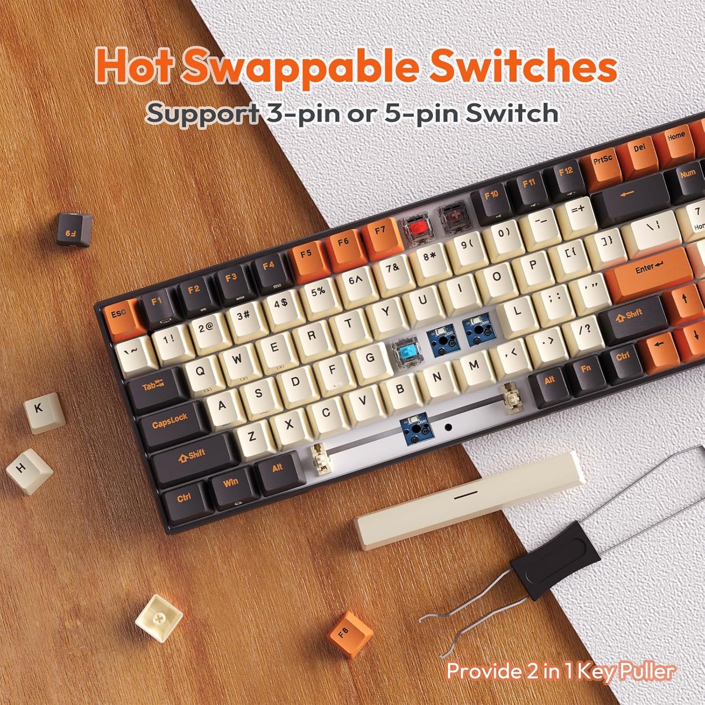 RK ROYAL KLUDGE RK100 Wireless Mechanical Keyboard, Bluetooth5.1/2.4G/Wired 96% Full Size 100-Key Hot Swappable Gaming Keyboard with 3 USB Ports, Blue Switch for Mac Windows, Carbon