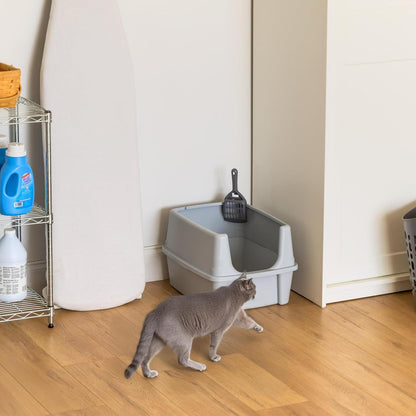 IRIS USA Top Entry Cat Litter Box with Scoop - Large - Stylish Enclosed Round Oval Kitty Dog Proof Box, Litiere Pour Chat Bac - White/Beige