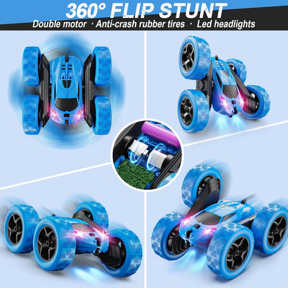 QUNREDA Remote Control Car for Kids Ages 6+, RC Cars Stunt Car Toy 4WD Double Sided 360° Rotating Remote Control with Headlights, Birthday Xmas Gifts for Boys 6 7 8 9 10 11 12 1-Blue
