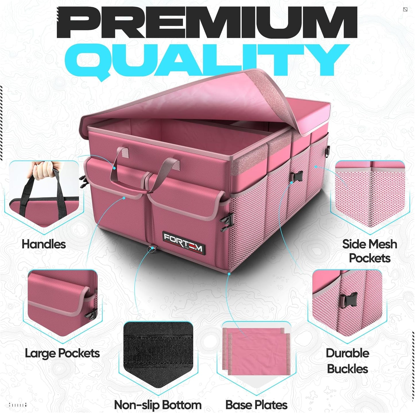 FORTEM Car Trunk Organizer, Collapsible Multi Compartment Car Organizer, Foldable SUV Storage for Car Accessories for Women Men, Non Slip Bottom, Securing Straps, Soft Cover 50L (Black, Standard)