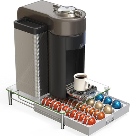 DecoBrothers Vertuo Pod Holder VertuoLine Drawer Storage for Nespresso Coffee Capsules, Crystal Tempered Glass, White