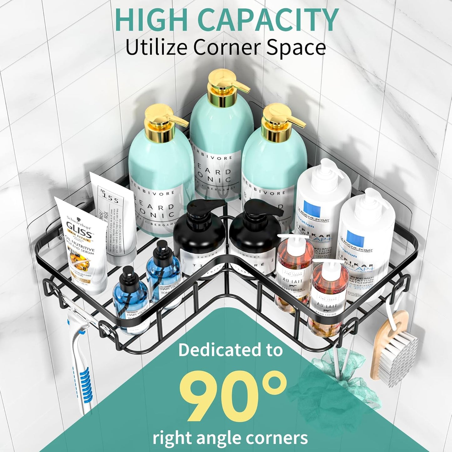 MOFOROCO 3-Pack Shower Caddy Corner Basket Shelf with Soap Holder, No Drilling Traceless Adhesive Shower Wall Shelves, Black Bathroom Shower Storage Organizer（ for 90-Degree Right-Angle Walls）