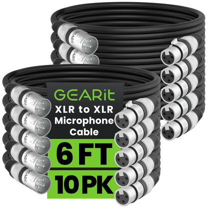 GEARit XLR Male to Female Microphone Cable (10 Feet, 6-Pack) 3-Pin Balanced Shielded Mixer, Recording Studio, Podcast - Black