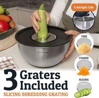 PriorityChef Stainless Steel Mixing Bowls with Lids Set, Metal Nesting Bowls with Airtight Lids, Graters, Non-Slip Base & Measurement Marks, Includes Utensil Set for Prep, Baking & Storage, Black