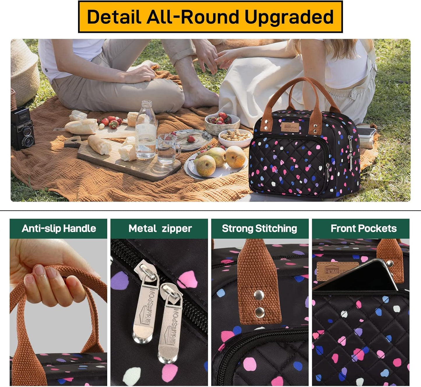 HOMESPON Lunch Bag for Woman Man Adults with Front Pocket Insulated Lunch Tote Lunch Box Container for Work Picnic or Travel(Black)