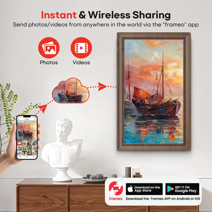 64GB 15.6" Frameo Digital Picture Frame WiFi, Large Electronic Photo Frames 1920 x 1080 IPS FHD Touch Screen, Send Photos from Your Phone from Anywhere, Best Gifts for Family and Friends Brown Wood