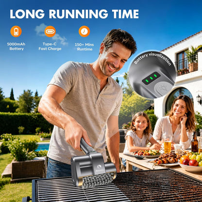Amzany Cordless Electric Grill Brush — Rechargeable BBQ Cleaner with 3 Replaceable Heads, 2-Speed Powerful Motor, 150-Min Runtime, LED Light for Charcoal, Pellet Grills & Griddles