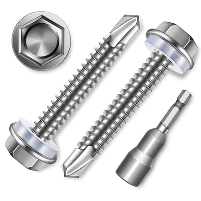 EASTPUK 100Pcs #8 x 1/2" Sheet Metal Screws, 410 Stainless Steel Self Drilling Hex Washer Head Self Tapping Screws for Metal with Drill Bit