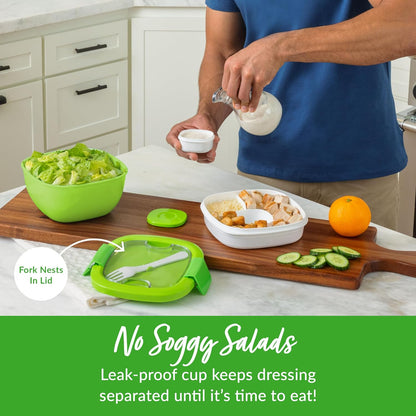Bentgo Salad - Stackable Lunch Container with Large 54-oz Salad Bowl, 4-Compartment Bento-Style Tray for Toppings, 3-oz Sauce Container for Dressings, Built-in Reusable Fork & BPA-Free (Khaki Green)