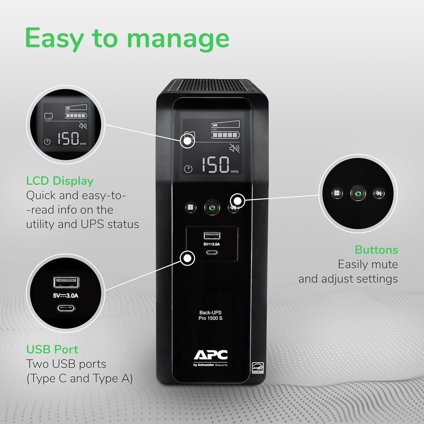 APC by Schneider Electric UPS, 1500VA Sine Wave UPS Battery Backup & Surge Protector, BR1500MS2 Backup Battery with AVR, (2) USB Charger Ports, Back-UPS Pro Uninterruptible Power Supply