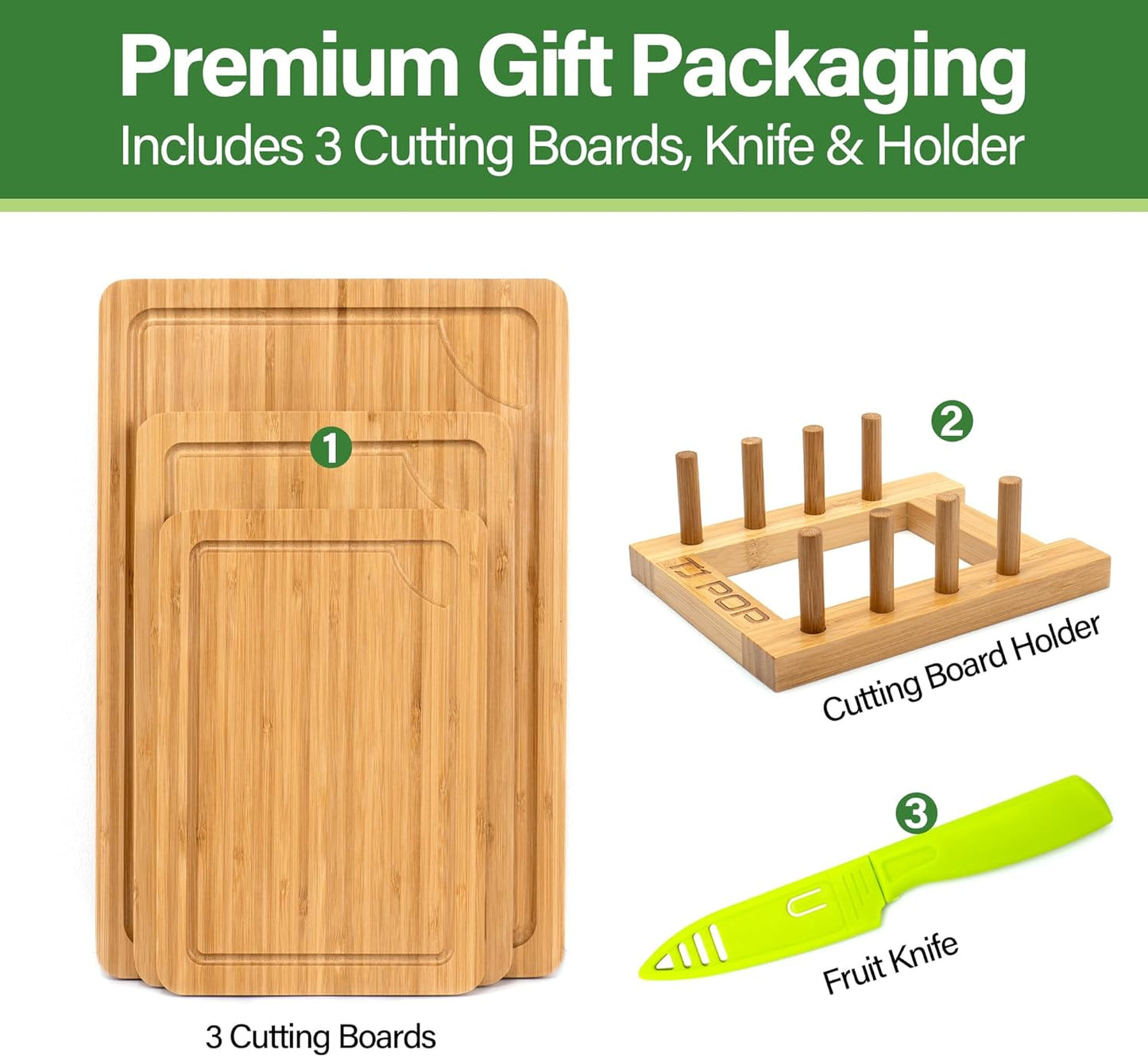 Bamboo Cutting Board for Kitchen, Bamboo Cutting Board Set of 3 with Juice Groove, Double-Sided Chopping Board Serving Board with Hanging Hole for Meat, Vegetables and Cheese