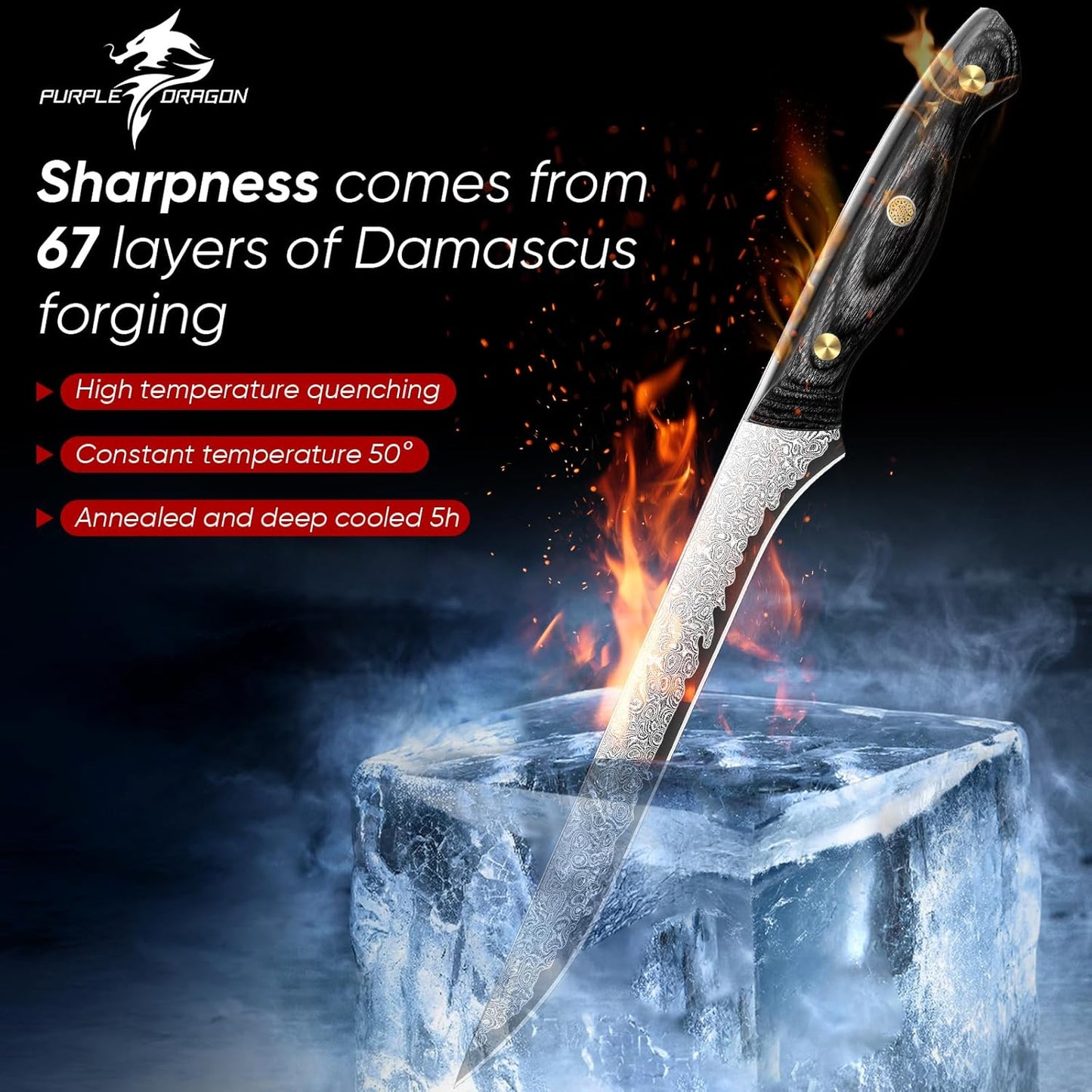 Purple Dragon Damascus Fish Fillet Knife - 7 inch Flexible Boning Knife with VG10 Core, Kitchen Slicing Knife with Full Tang Handle, Birthday Dad Mom Gift
