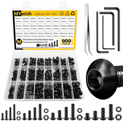 Mywish 900Pcs Metric Screw Assortment, M3 M4 M5 M6 Screw Assortment Kit 304 Stainless Steel Hex Socket Button Head Socket Cap Metric Screws Bolts & Flat Washers/Nuts/Hex Wrenches 16 Sizes 8MM to 20MM