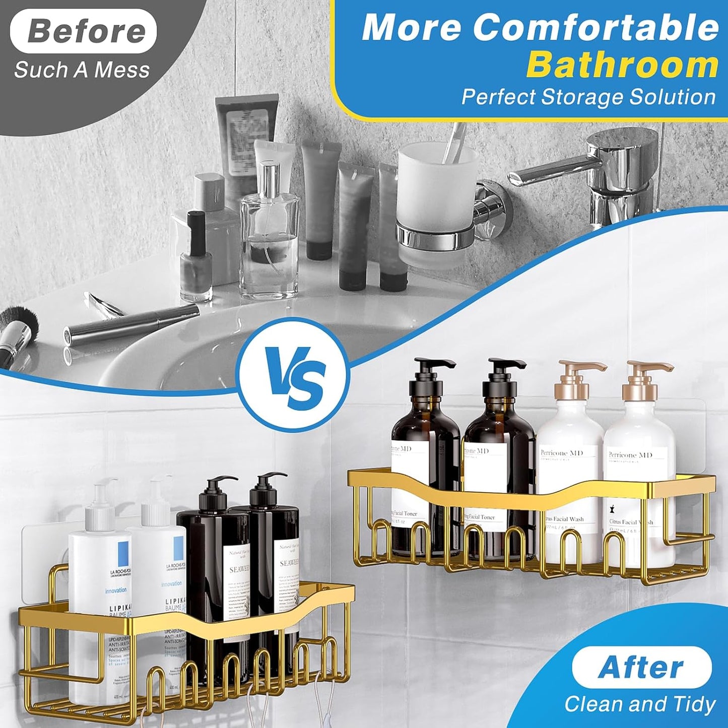 EUDELE 5-Pack Rustproof Stainless Steel Shower Caddy – No Drill Adhesive Bathroom Organizer with Large Capacity, Spacious Shower Shelves for Inside Shower, Kitchen & Home Decor Storage