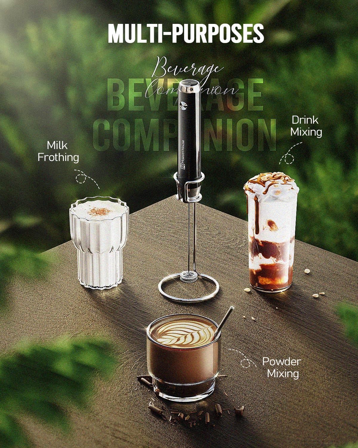 Maestri House Rechargeable Milk Frother, Handheld Electric Foam Maker Waterproof Detachable Stainless Steel Whisk Drink Mixer Foamer with Stand,LunaFro
