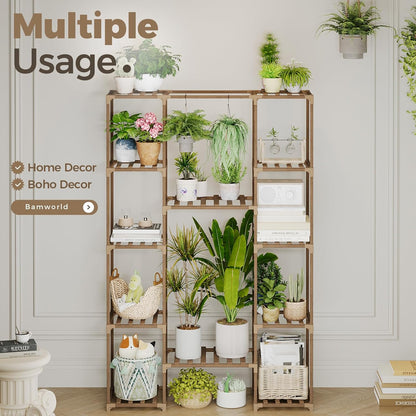 Bamworld Plant Stand Indoor Outdoor Hanging Plant Shelf for Multiple Plants Pots Wood Flower Stand Tall Large Flower Holder for Living Room, Patio, Balcony, Garden Decor, Brown