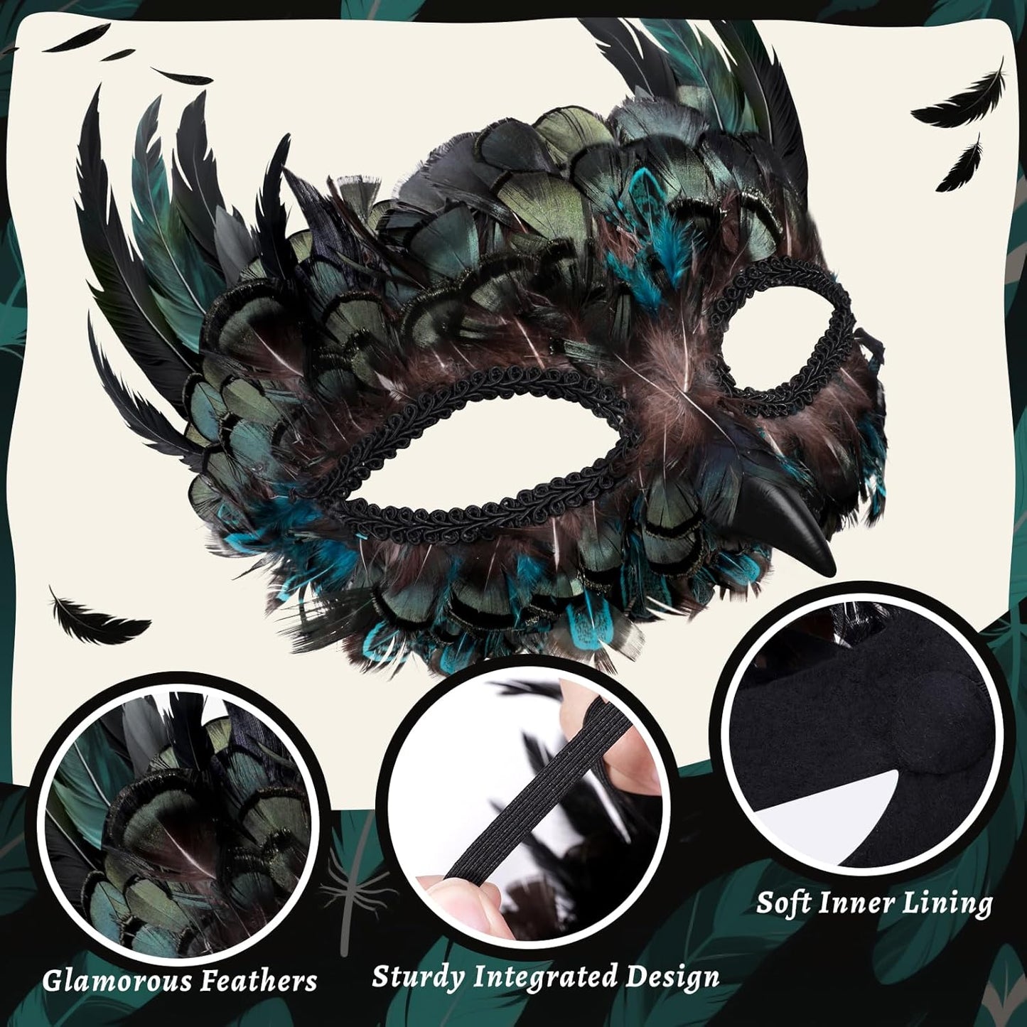 Masquerade Mask for Women/Men, Costume Feather Animal Mask Owl Bird Crow Halloween Mardi Gras Cosplay Party Raven Masque
