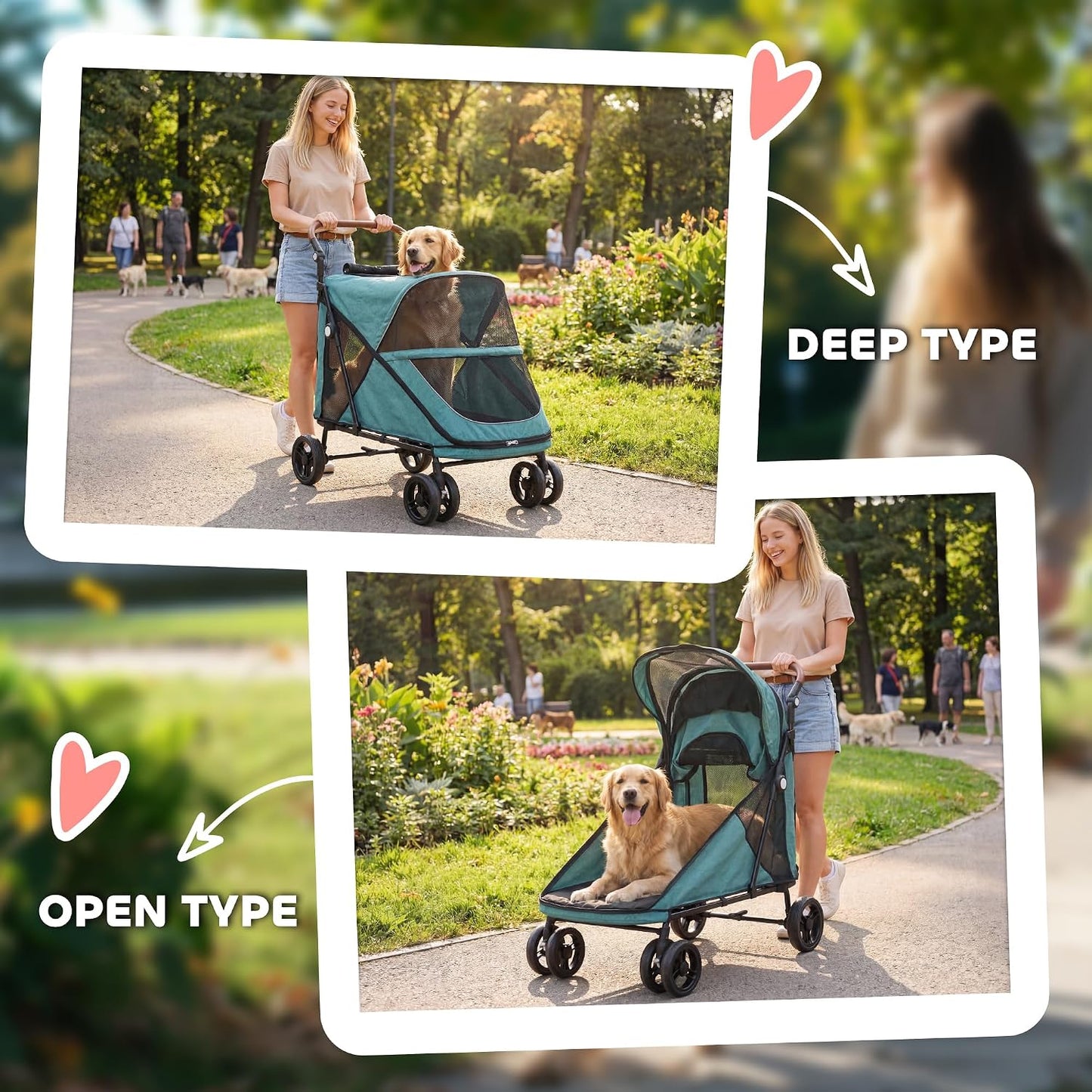 PawHut Dog Stroller for Large Dogs Up to 66 lbs Easy Fold Cart Turquoise | 4-Wheel Shock Absorption, One-Foot Brake, All Terrain Wagon Cart, Air Mesh