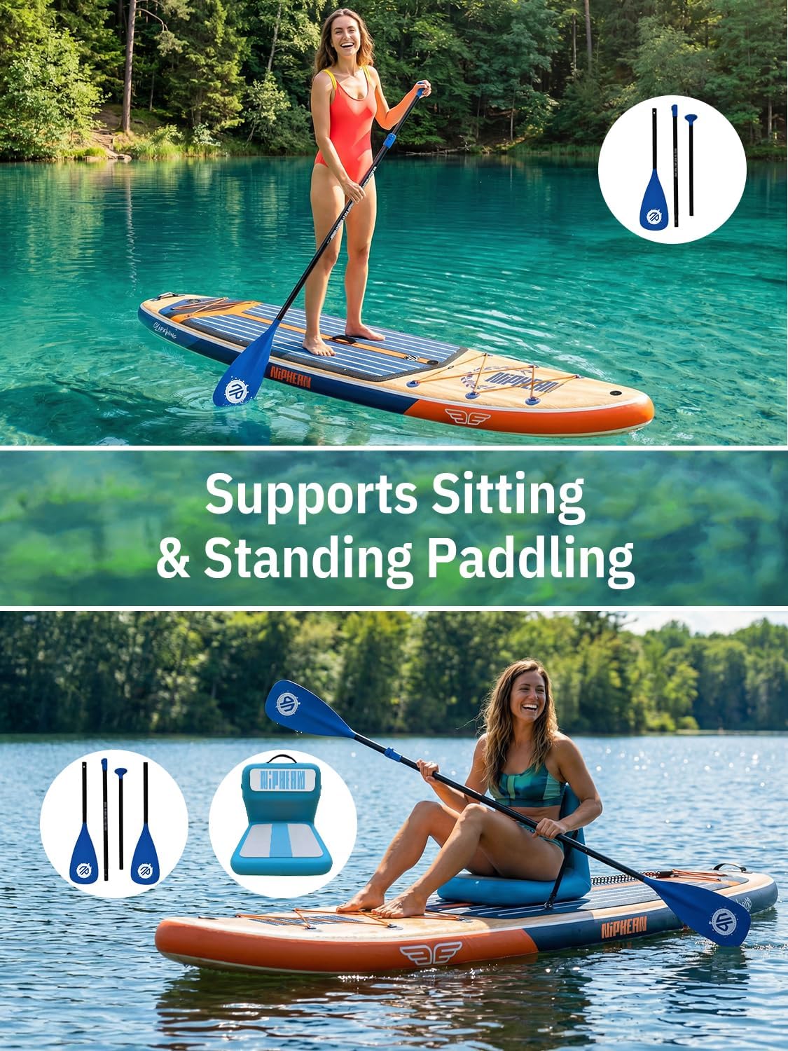 Niphean (Extra Large) Inflatable Paddle Board, 11ft SUP 2+1 People Family | 500lbs Capacity Stand Up Paddle Boards for Adults with SUP Accessories, StabilTrac Fin Non-Slip Paddleboard