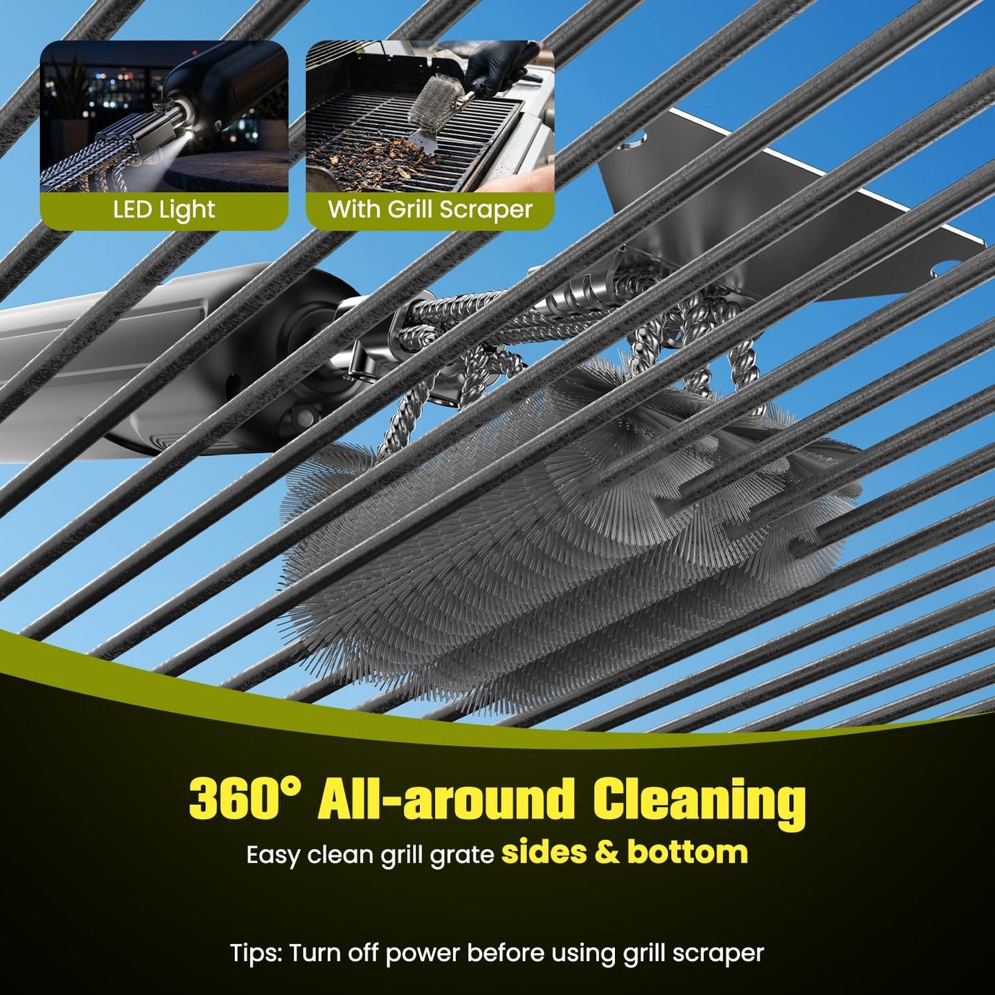 2026 Upgraded Electric Grill Brush: Cordless BBQ Cleaner with 2-Speed Powerful Motor, Reciprocating Clean, Reaches Grill Grate Sides & Corners, 20kg High-Torque Electric BBQ Brush with LED Light