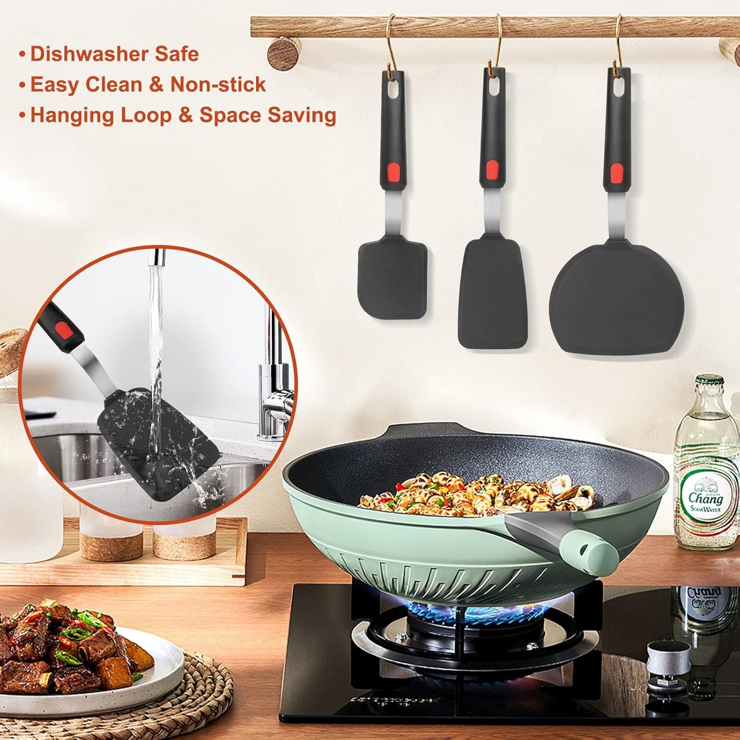 Hotec Silicone Spatula Turner for Nonstick Cookware, Flexible 600F Heat Resistant, Ideal for Flipping Eggs, Burgers, Pancakes, Crepes and More (3 Pack)