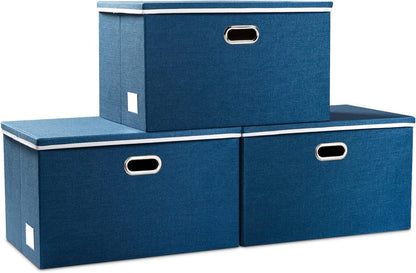 PRANDOM Large Foldable Storage Bin with Lid [1-Pack] Linen Fabric Decorative Storage Box Organizer Containers Basket Cube with Handles Divider for Bedroom Closet Office Living Room (17.7x11.8x11.8")