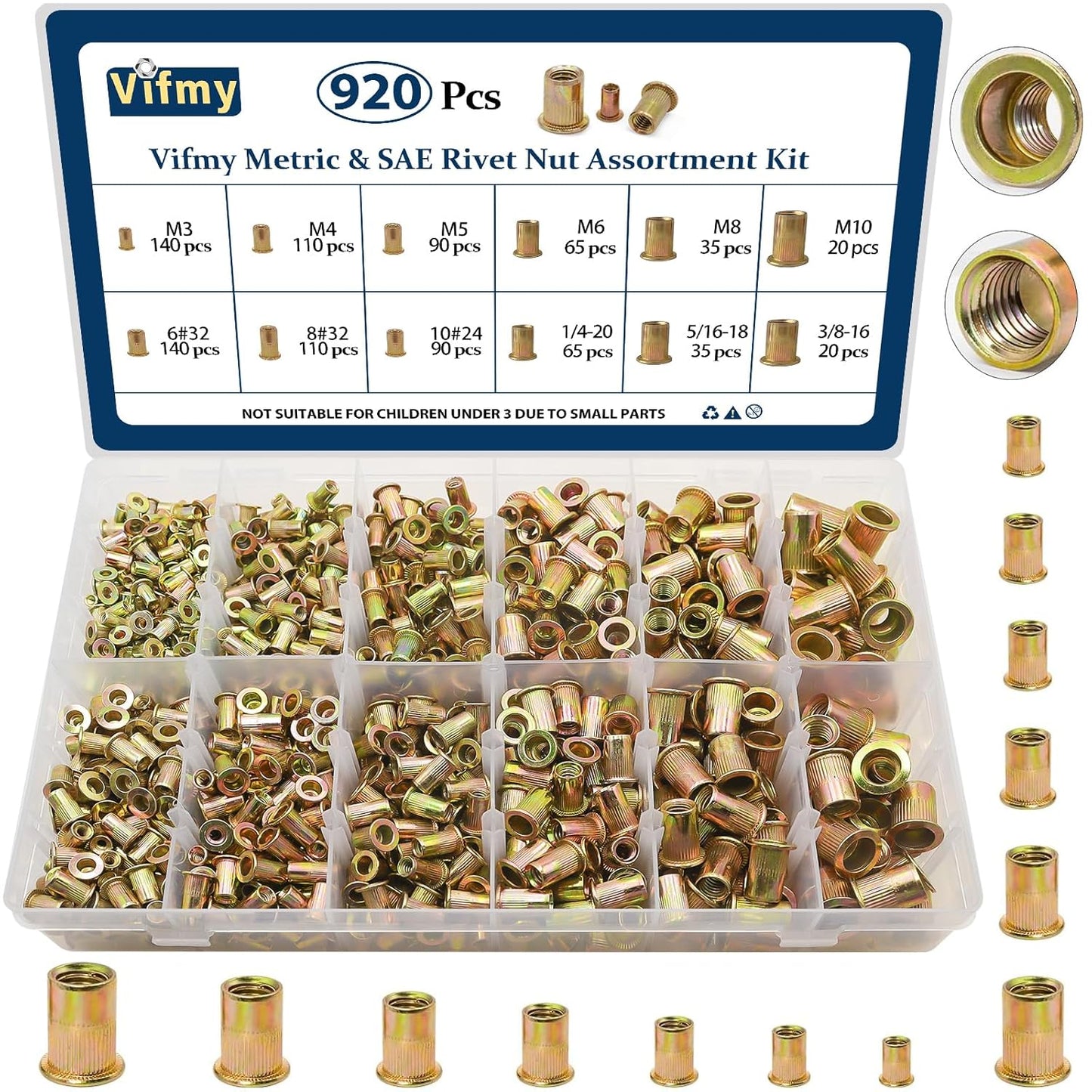 Vifmy Metric & SAE Rivet Nut Assortment Kit(420 Pcs),m3 m4 m5 m6 m8 m10 m12#6-32#8-32#10-24 1/4"-20 5/16"-18 3/8"-16 UNC Flat Head Rivnut Set,Zinc Plated Finish Carbon Steel Nutsert