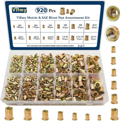Vifmy Metric & SAE Rivet Nut Assortment Kit(420 Pcs),m3 m4 m5 m6 m8 m10 m12#6-32#8-32#10-24 1/4"-20 5/16"-18 3/8"-16 UNC Flat Head Rivnut Set,Zinc Plated Finish Carbon Steel Nutsert
