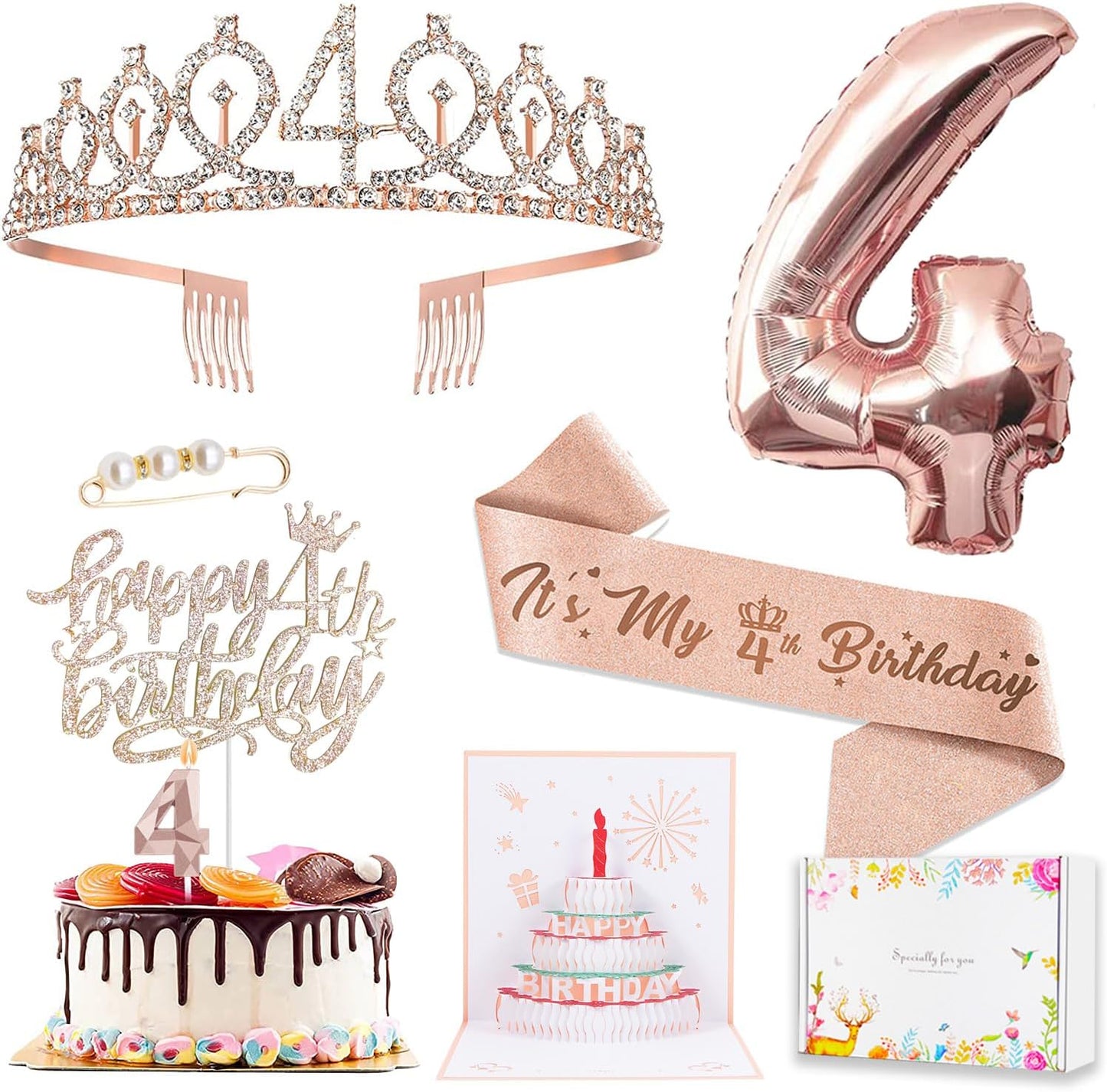 8pcs 40th Birthday Decorations gifts for Women, Including 40th Happy Birthday Cake Topper, Queen Sash with Pearl Pin, Sweet Rhinestone Tiara Crown for Women, Number Candles and Balloons (Rose Gold)
