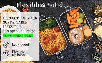 UPTRUST Leak Proof Stainless Steel Bento Lunch Container, (47OZ/1400ML) Metal Bento Lunch Box for Kids or Adults, 3 Compartment Packing Box for Work Lunch