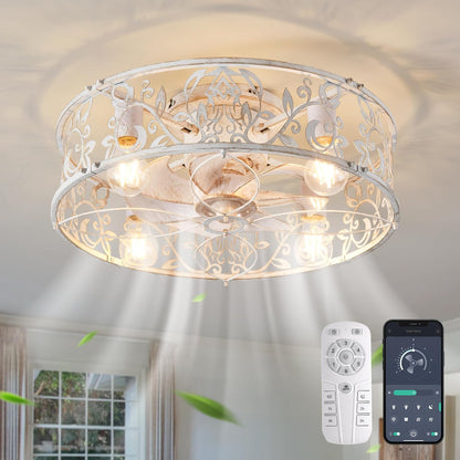 Garwarm Caged Low Profile Ceiling Fan with Lights and Remote, 20in Rustic Flush Mount Small Farmhouse Bladeless Ceiling Fan for Bedroom, Kitchen, Dining Room