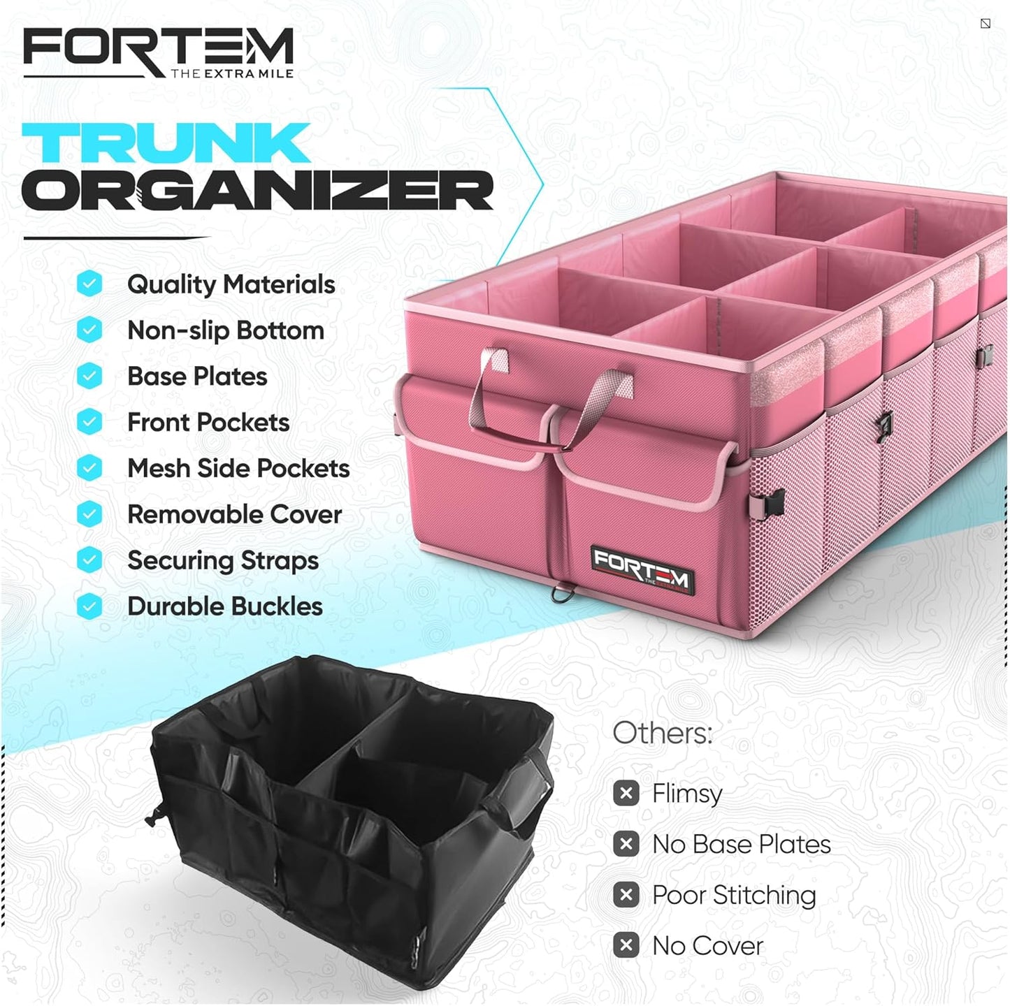 FORTEM Car Trunk Organizer, Collapsible Multi Compartment Car Organizer, Foldable SUV Storage for Car Accessories for Women Men, Non Slip Bottom, Securing Straps, Soft Cover 50L (Black, Standard)